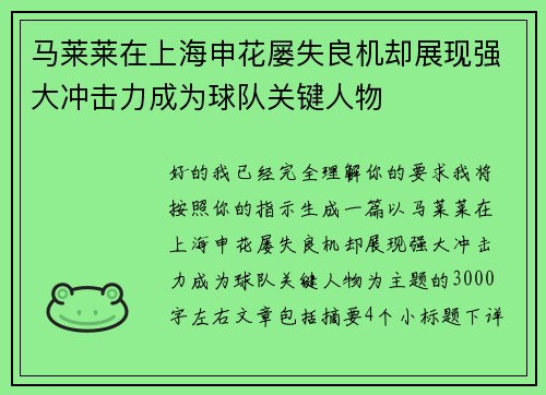 马莱莱在上海申花屡失良机却展现强大冲击力成为球队关键人物