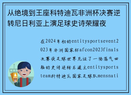 从绝境到王座科特迪瓦非洲杯决赛逆转尼日利亚上演足球史诗荣耀夜